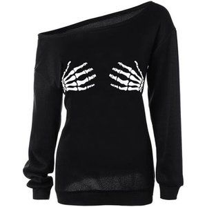Halloween Off Shoulder Slouchy Skeleton Shirt Long Sleeve